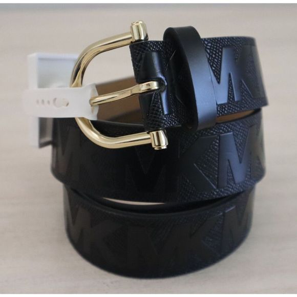 Michael Kors 29556187C 001 Women's Sz S Black Leather Textured MK Logo Belt - Picture 1 of 8